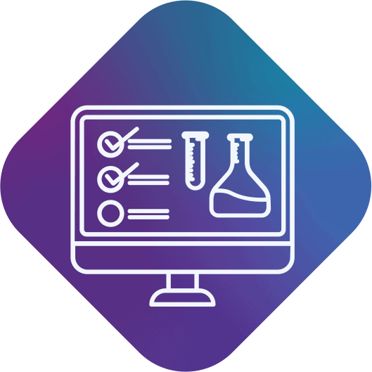 Graphic of computer monitor displaying beakers and a checklist to illustrate MosaicDX's digital test requisition solution - MosaicDX