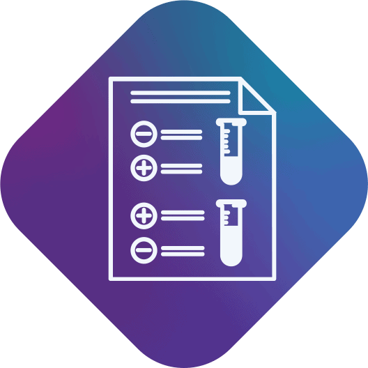 Graphic of a document featuring two partially filled lab containers next to checks and minuses to illustrate MosaicDX's easy to interpret results - MosaicDX