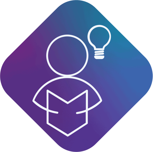 Icon graphic of person reading a book with lightbulb by their head to illustrate education service - MosaicDX