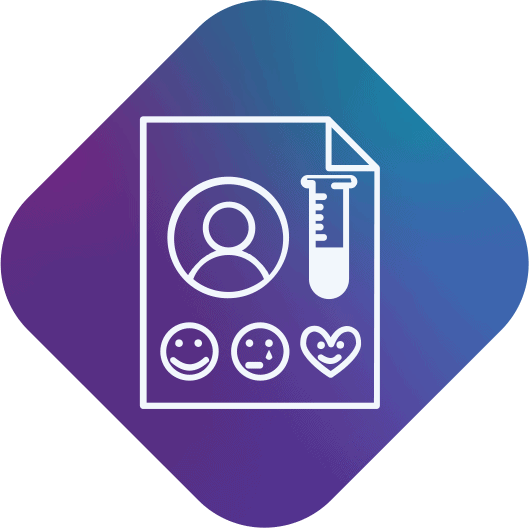 Graphic of document with a half-filled lab vial, a hear, faces, and a user-profile icon - MosaicDX