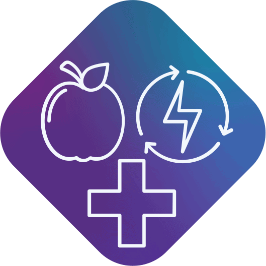 Graphic of an apple, energy sign, and medical cross to illustrate the importance of nutritional health - MosaicDX