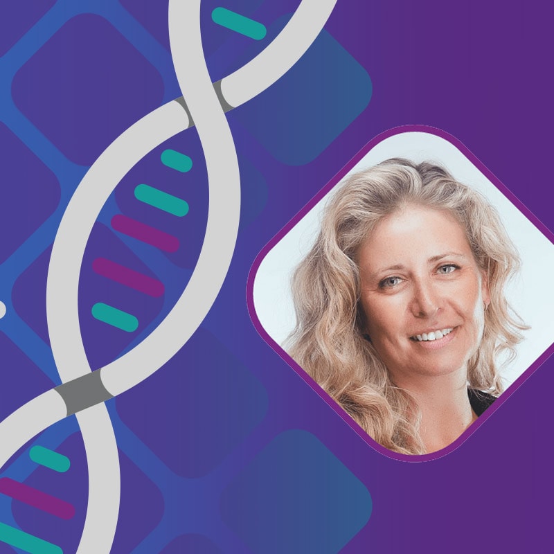 Headshot of Organix Acids Test webinar speaker by decorative graphic of DNA - MosaicDX