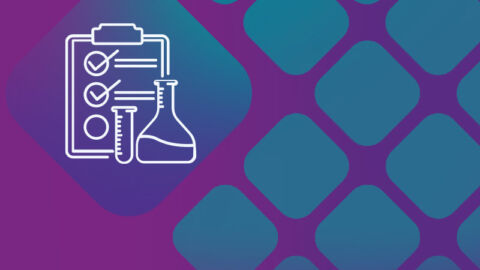 illustrated beaker bottle, collection tube, and clipboard on purple and blue background - Mosaic DX